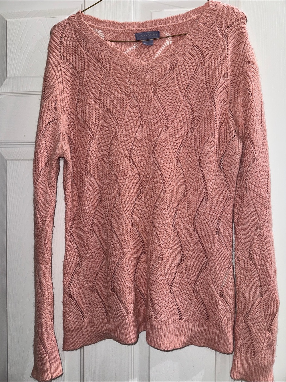 Laura Scott Dusty Rose Open-Knit V-Neck Sweater